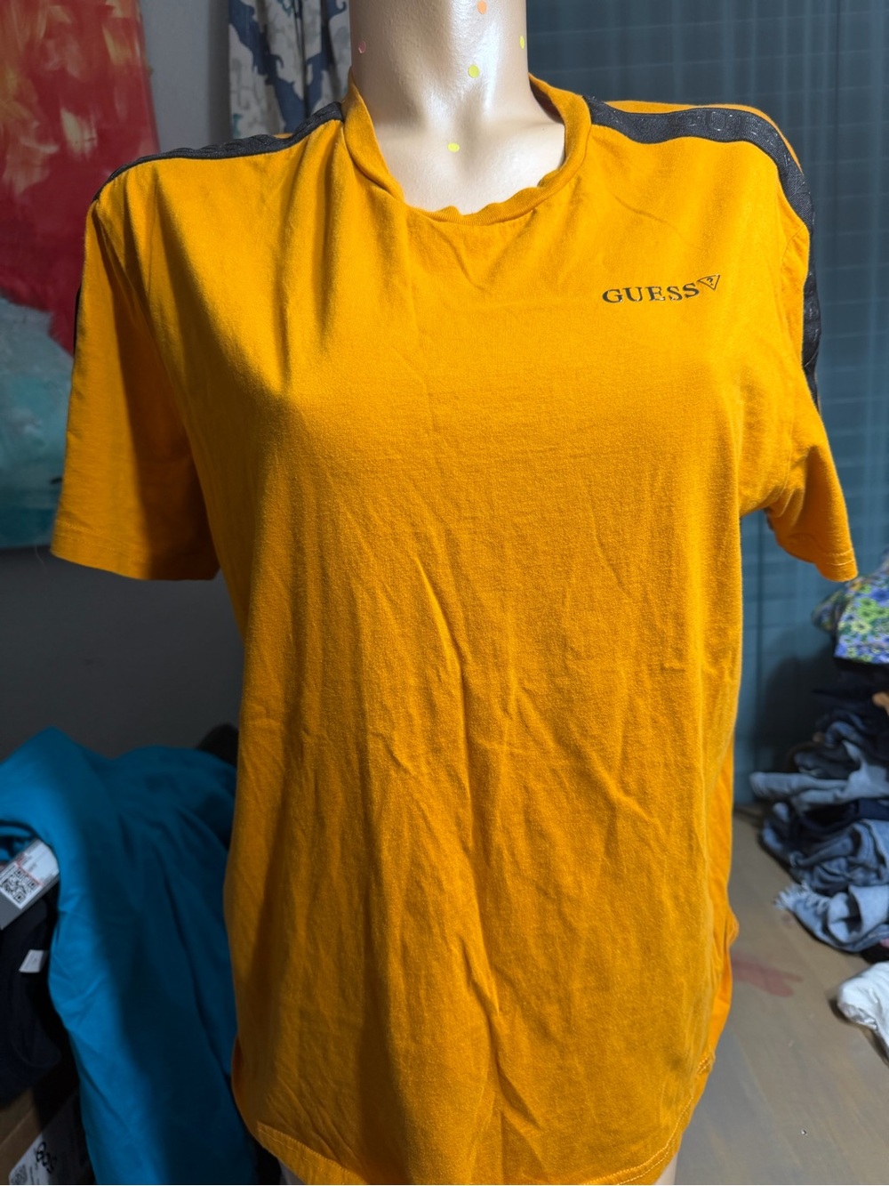 Guess Men’s Orange Short Sleeve Logo Tee with Black Shoulder Trim